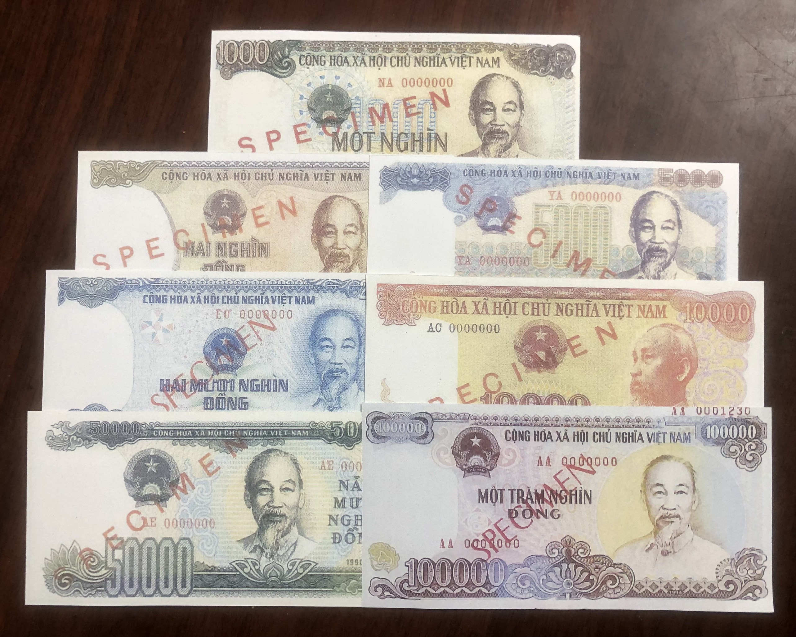 Bộ tiền giấy SPECIMEN giấy mẫu cottong Việt Nam 7 mệnh giá copy lưu niệm sưu tầm