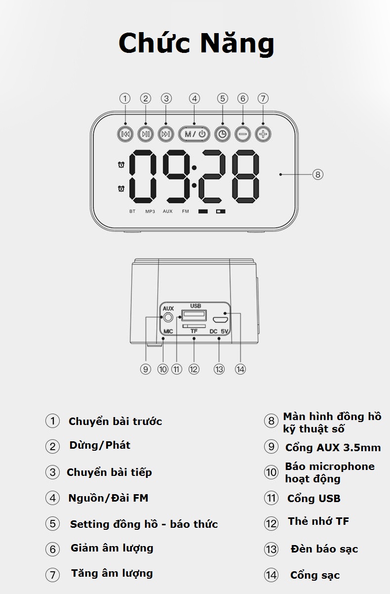 Loa bluetooth kiêm đồng hồ báo thức A5 màn hình tráng gương, hiển thị màn hình kĩ thuật số và đèn led, nghe nhạc hay, sống động, hỗ trợ USB, thẻ nhớ, đài fm radio, nhiều màu tự chọn - Hàng chính hãng