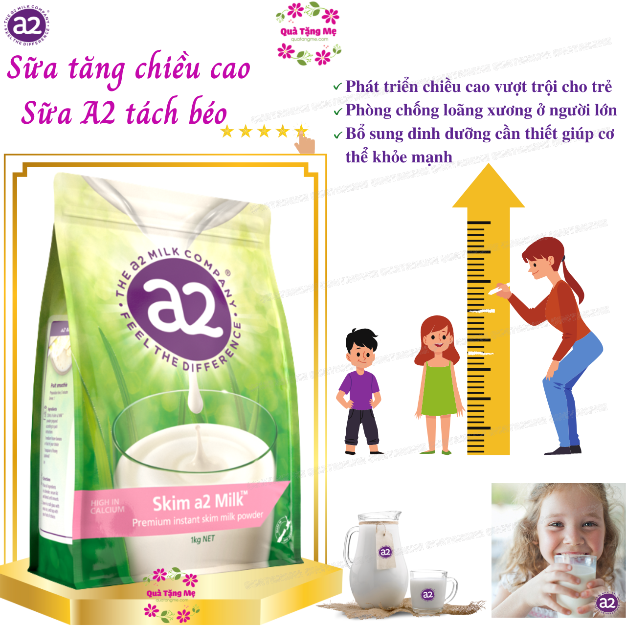 Sữa tăng chiều cao A2 không béo Skim Milk Powder high in Calcium - phát triển xương, răng ở trẻ, chống loãng xương ở người lớn - QuaTangMe Extaste