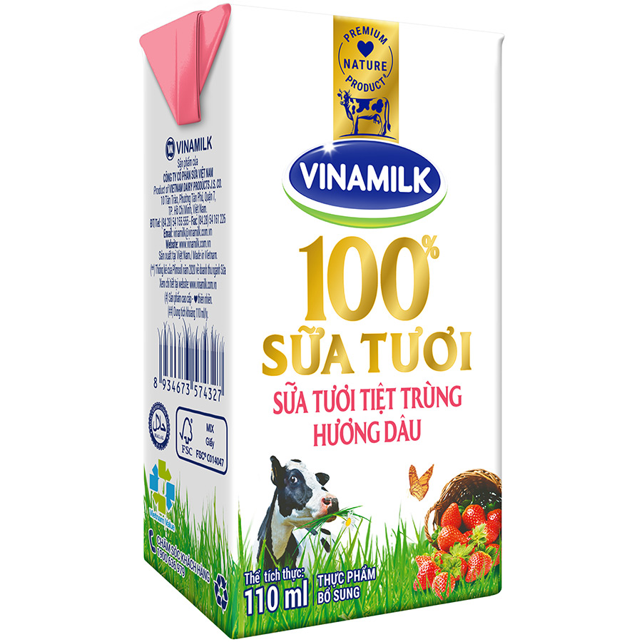 Thùng 48 Hộp Sữa Tươi Tiệt Trùng Vinamilk 100% Hương Dâu 110ml