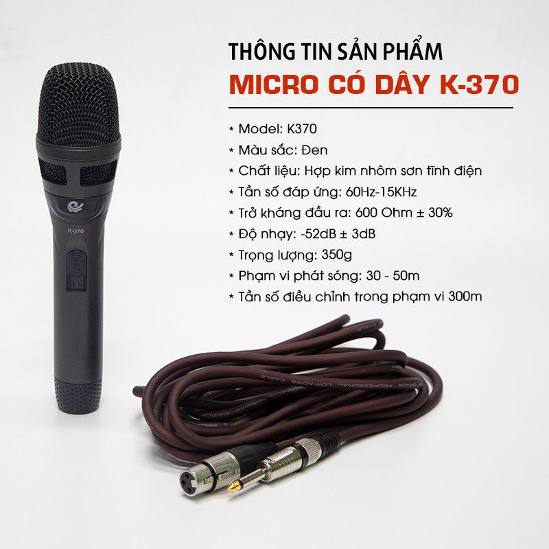 Bộ 1 Micro Karaoke Có Dây Cực Hay, Hút Âm Tốt - Vỏ Hợp Kim Sơn Tĩnh Điện Chống Rơi Vỡ, Model K370 - Chính Hãng