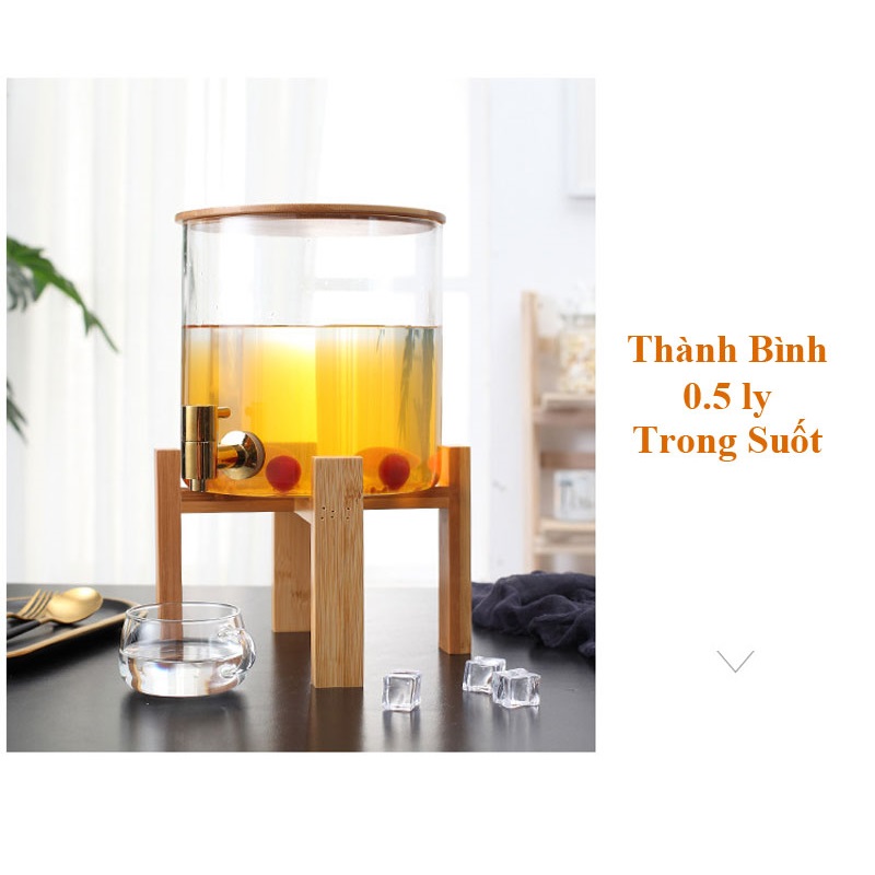 Bình thủy tinh đựng nước chịu nhiệt, bình ngâm nước trái cây có vòi kèm kệ gỗ sang trọng