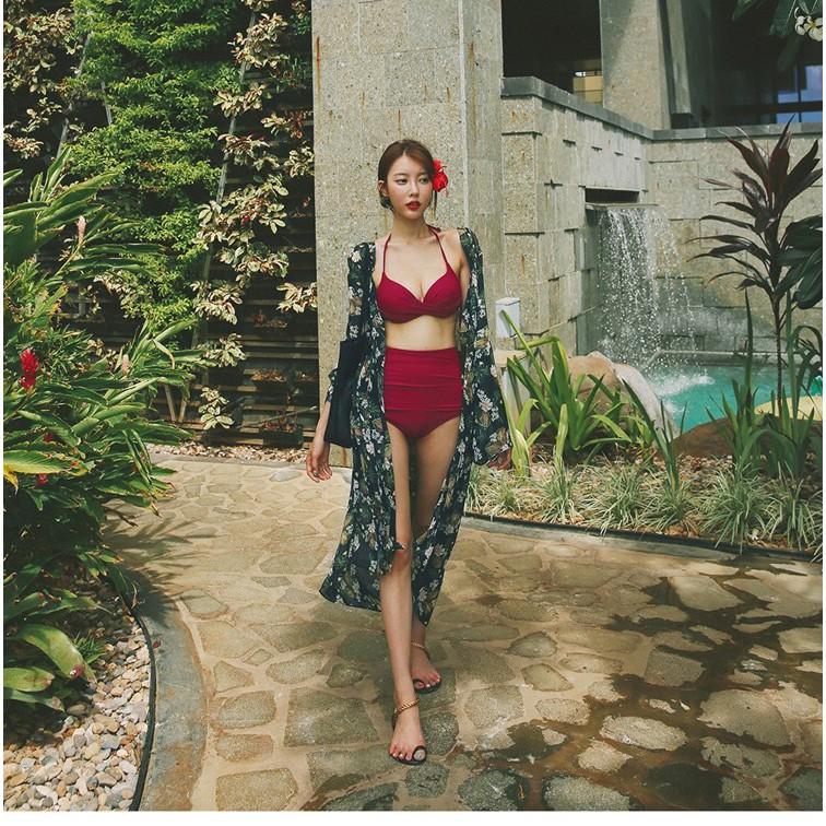 Bikini tắm biển 2 mảnh màu đỏ, quần cạp cao