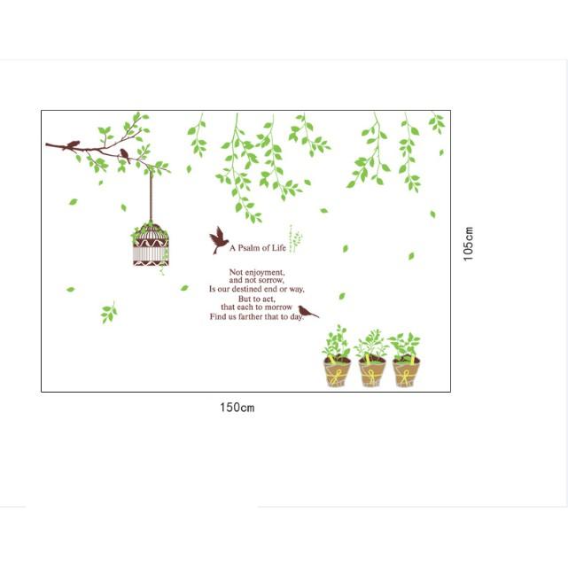 Decal trang trí mẫu cây xanh và lồng chim