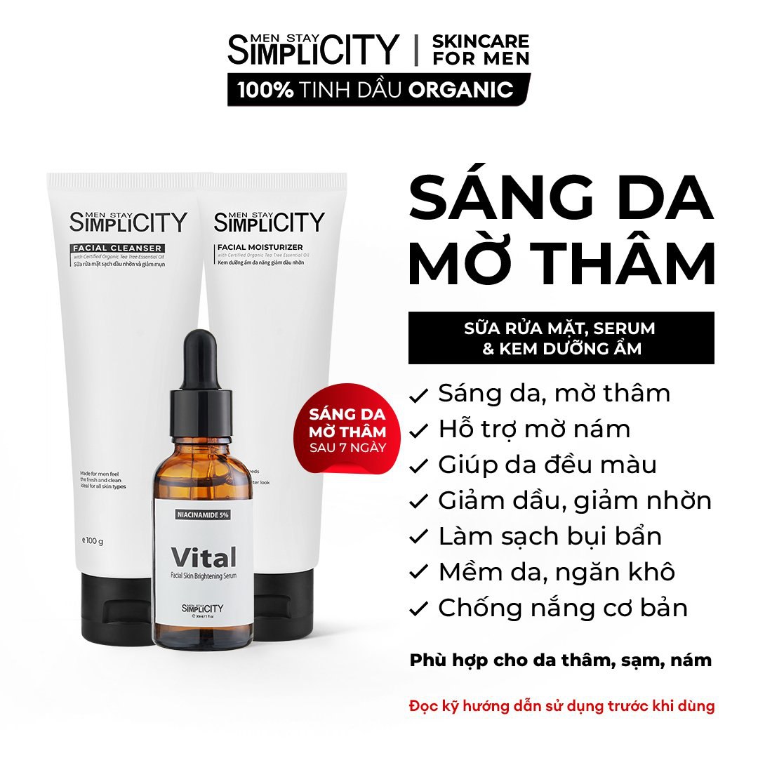 Bộ sản phẩm Men Stay Simplicity sáng da, mờ thâm cho nam: Sữa rửa mặt 100g + Vital Serum sáng da 30ml + Kem dưỡng ẩm 80g