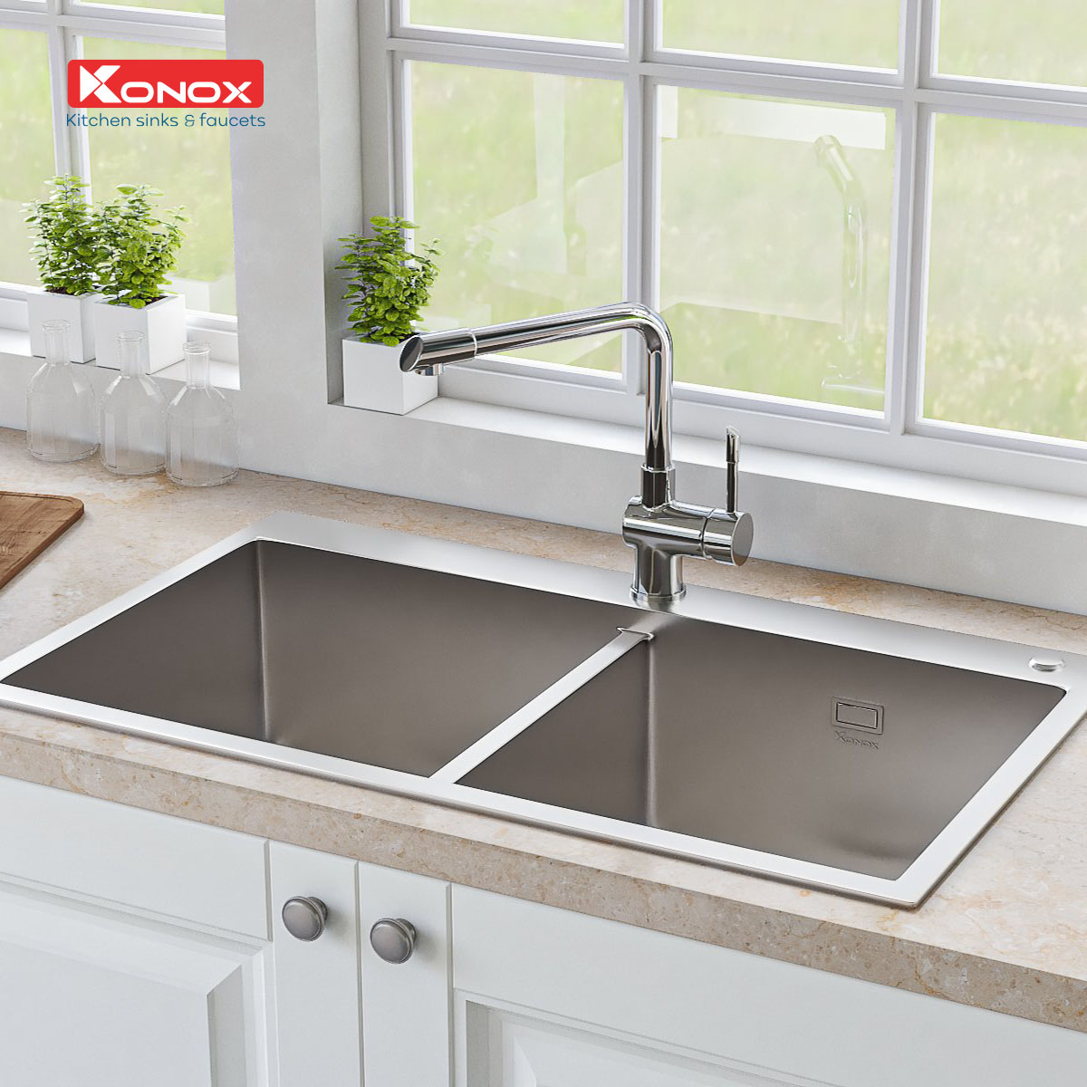 Vòi rửa bát Konox, Model KN1205 , Inox 304AISI tiêu chuẩn châu Âu, mạ PVD 5 lớp sáng bóng Hàng chính hãng