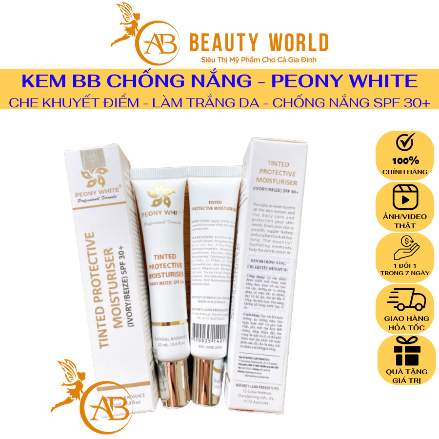 Kem BB PEONY WHITE - TINTED PROTECTIVE MOISTURISER - Chống Nắng - Bật Tone (IVORY/BEIZE) SPF 30+ - Che Khuyết Điểm 25ml