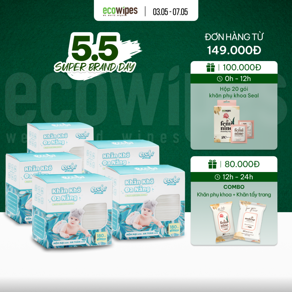 Combo 05 hộp khăn khô đa năng cho bé Ecobi hộp 180 tờ dùng thay khăn sữa an toàn cho trẻ sơ sinh