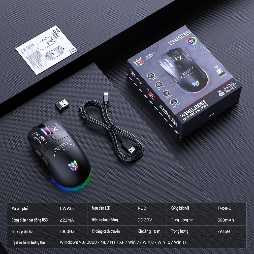 Chuột ONIKUMA CW935 Triple-Mode Ergonomic Wireless Gaming Mouse with 6 DPI Settings &amp; Hidden Receiver - Hàng Chính Hãng
