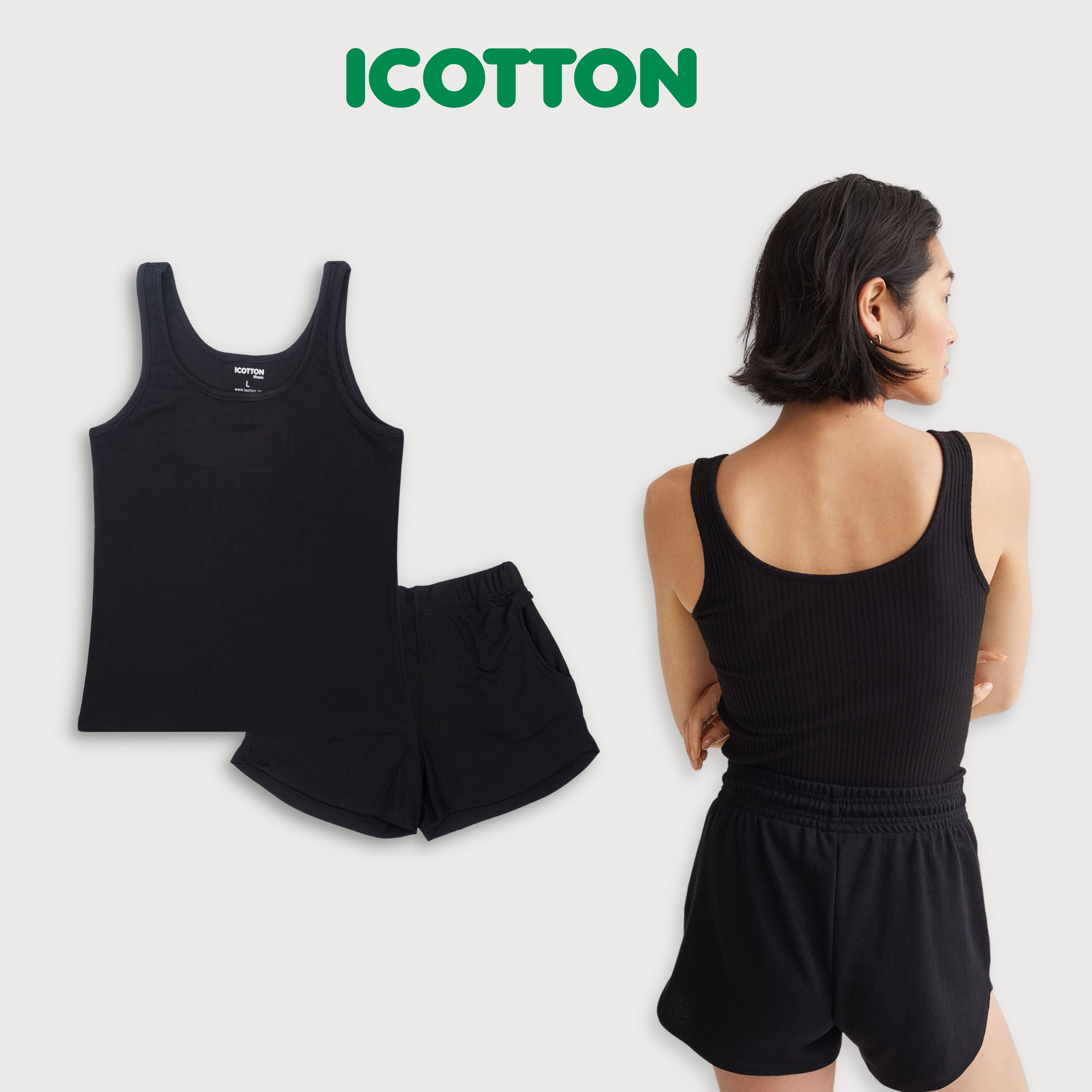 Bộ ba lỗ nữ Icotton co giãn bốn chiều thun gân màu Đen