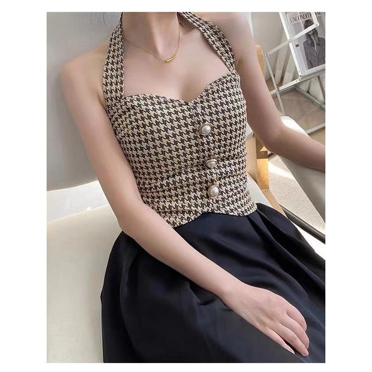 MS542 Áo yếm hoạ tiết hở rốn cúc ngọc