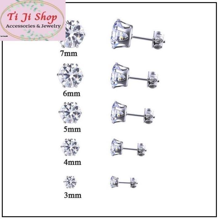 Bông tai nam nữ khuyên nụ đá trắng INOX không đen - 1 chiếc