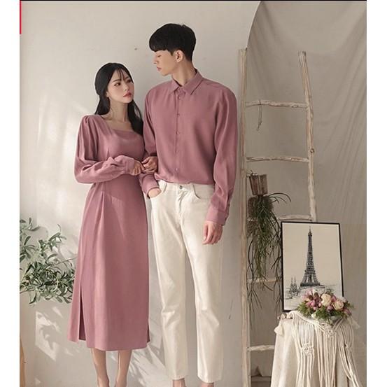Áo đôi áo cặp   Áo đôi nam nữ đẹp Set áo váy sơ mi Hàn Quốc dáng dài VSM COUPLE AV73