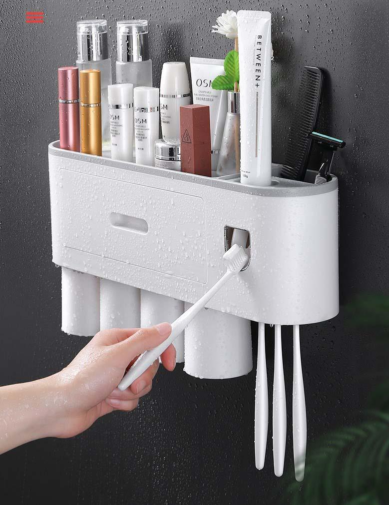 Bộ kệ bàn chải đánh răng kèm 4 cốc có ngăn kéo dán tường đa năng