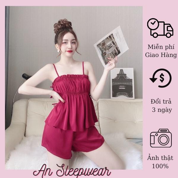 Đồ Bộ Mặc Nhà Nữ, Đồ Ngủ Nữ 2 Dây Satin, Kiểu Nhún Thun Eo Trẻ Trung, Nữ Tính, Kiểu Dáng Thoải Mái, Dưới 55 KG