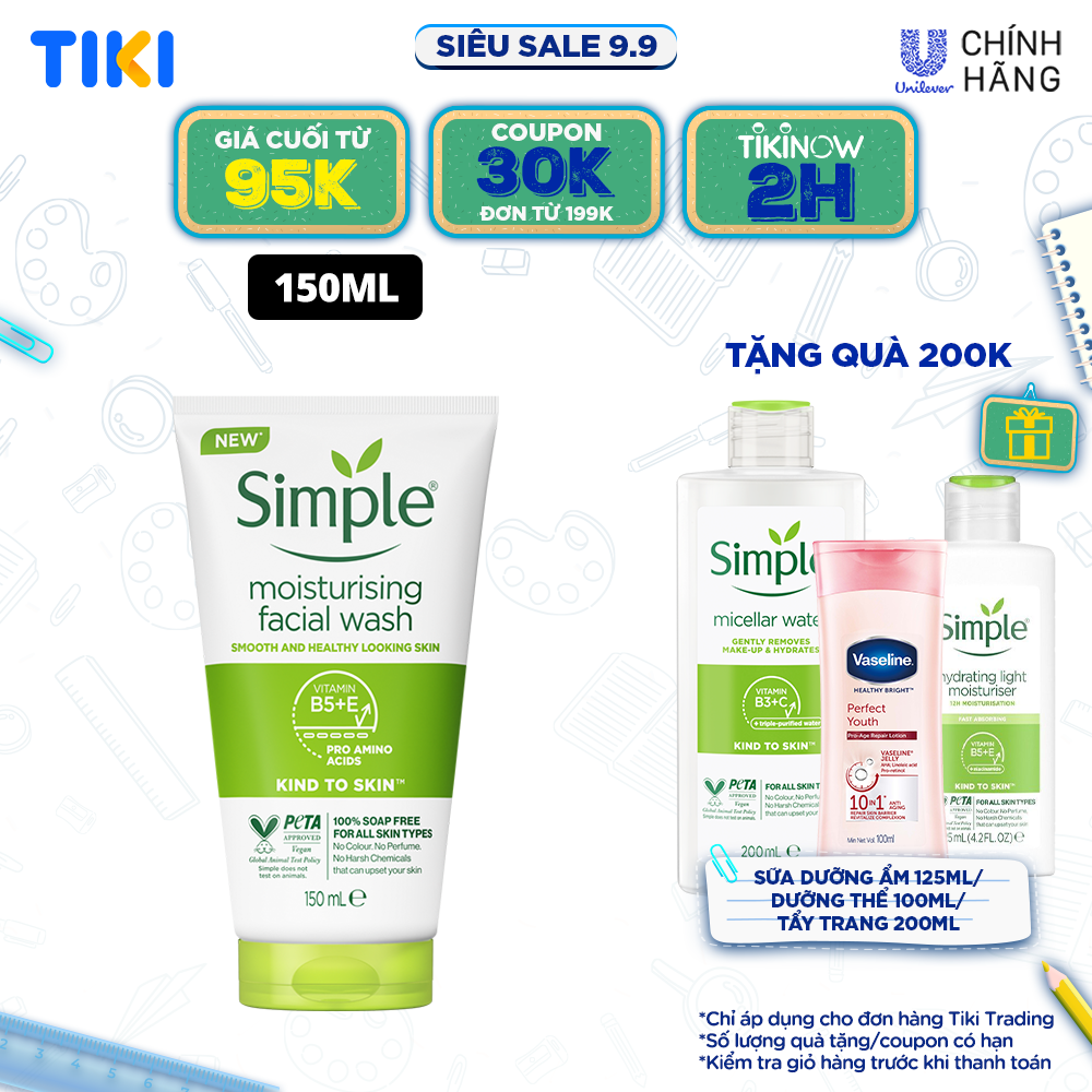 Sữa rửa mặt Simple giúp cấp ẩm, da trông khỏe và mịn màng - cho da khô nhạy cảm 150ml