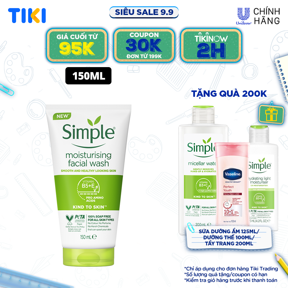 Sữa rửa mặt Simple giúp cấp ẩm, da trông khỏe và mịn màng - cho da khô nhạy cảm 150ml [CHÍNH HÃNG ĐỘC QUYỀN] [MỚI]