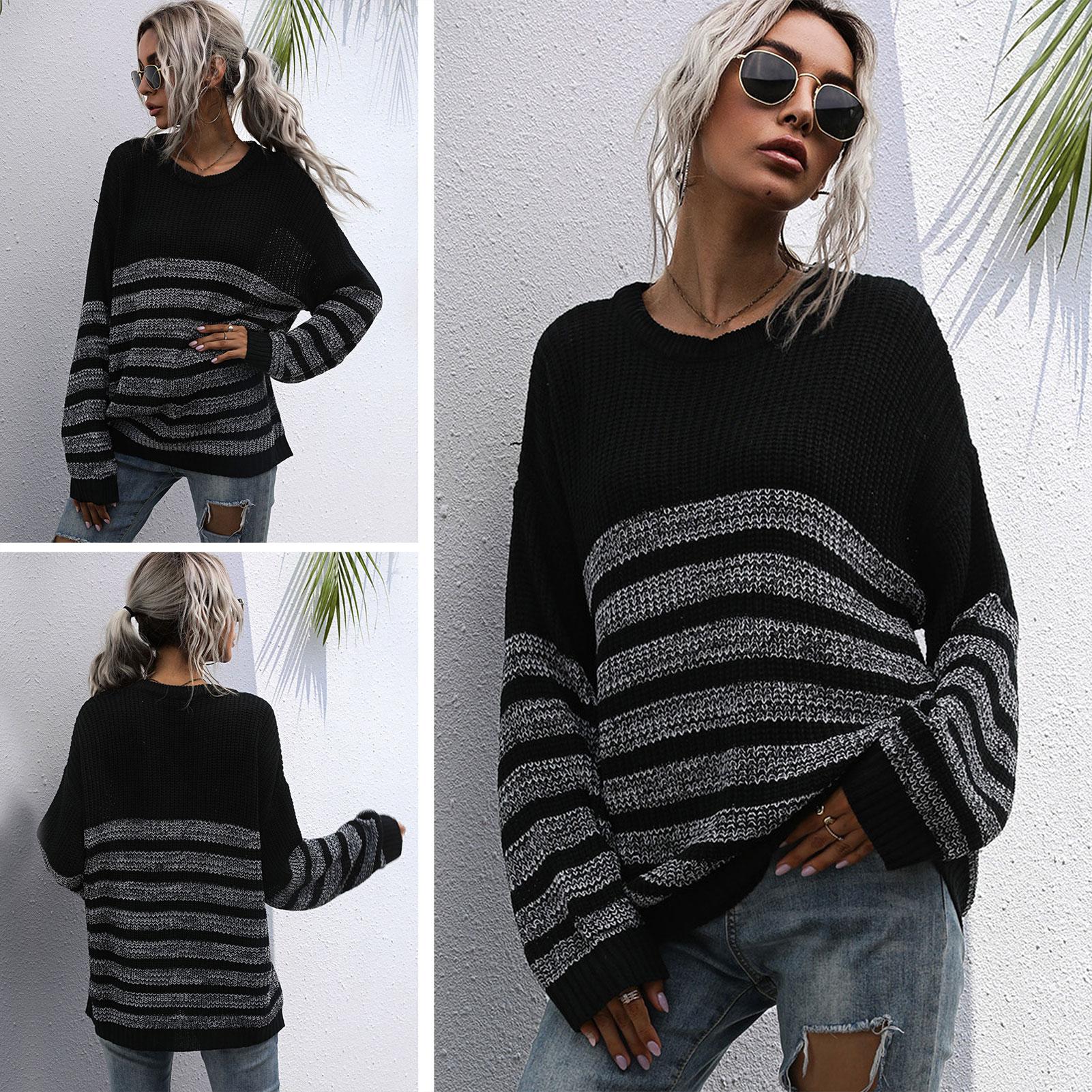 Women Loose Knitted Sweater Stripped Splicing Long Sleeve Mid-Length Pullover Tunics Casual Sweatshirt