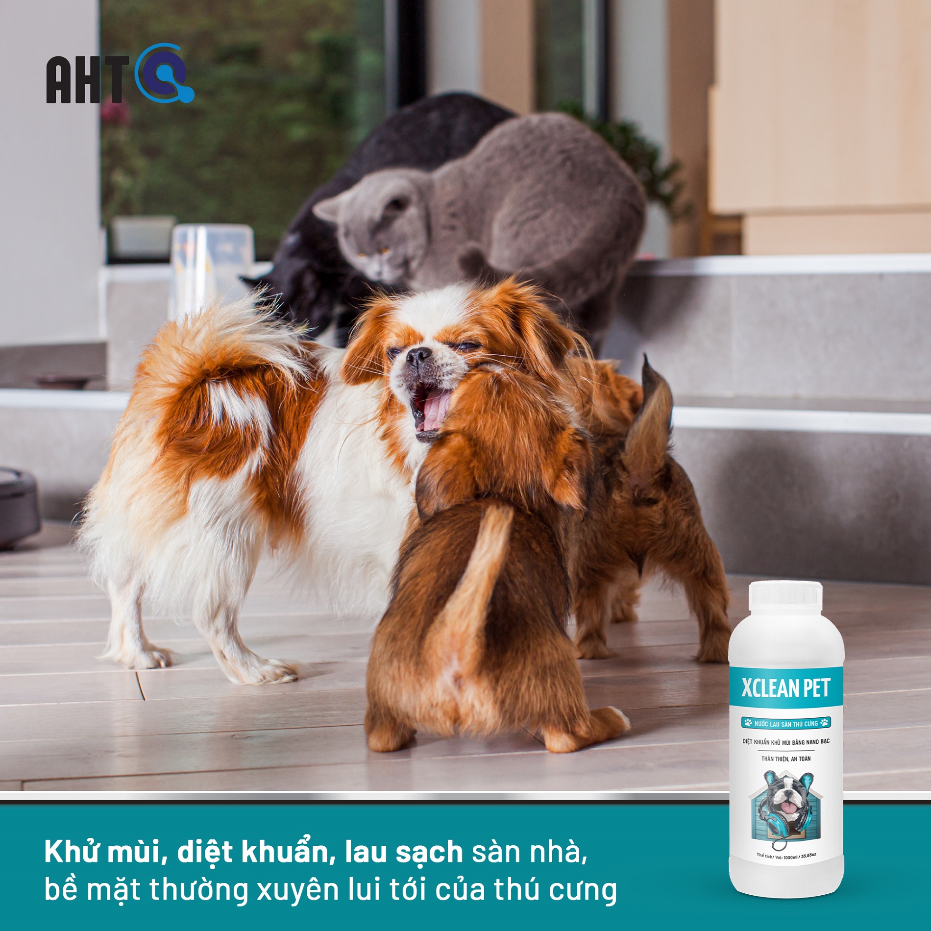 NƯỚC LAU SÀN KHỬ MÙI THÚ CƯNG, KHỬ MÙI NƯỚC TIỂU CHÓ MÈO NANO XLEAN FOR PET KHỬ MÙI HÔI SÀN NHÀ, LỒNG CHUỒNG THÚ CƯNG, CHÓ MÈO-NANO BẠC AHT CORP 1L