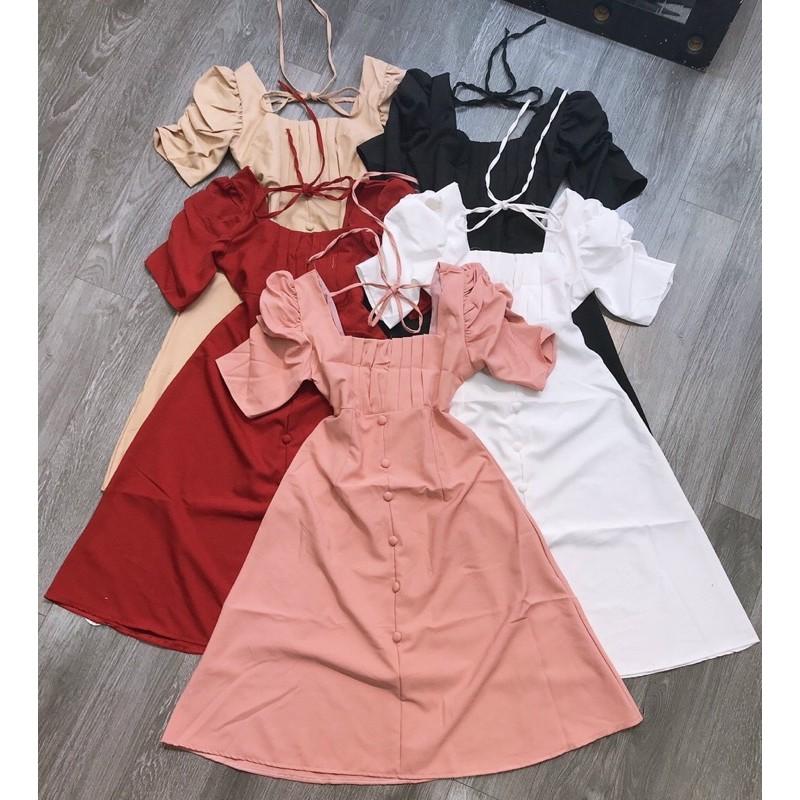 Đầm xếp ly ngực tay phồng