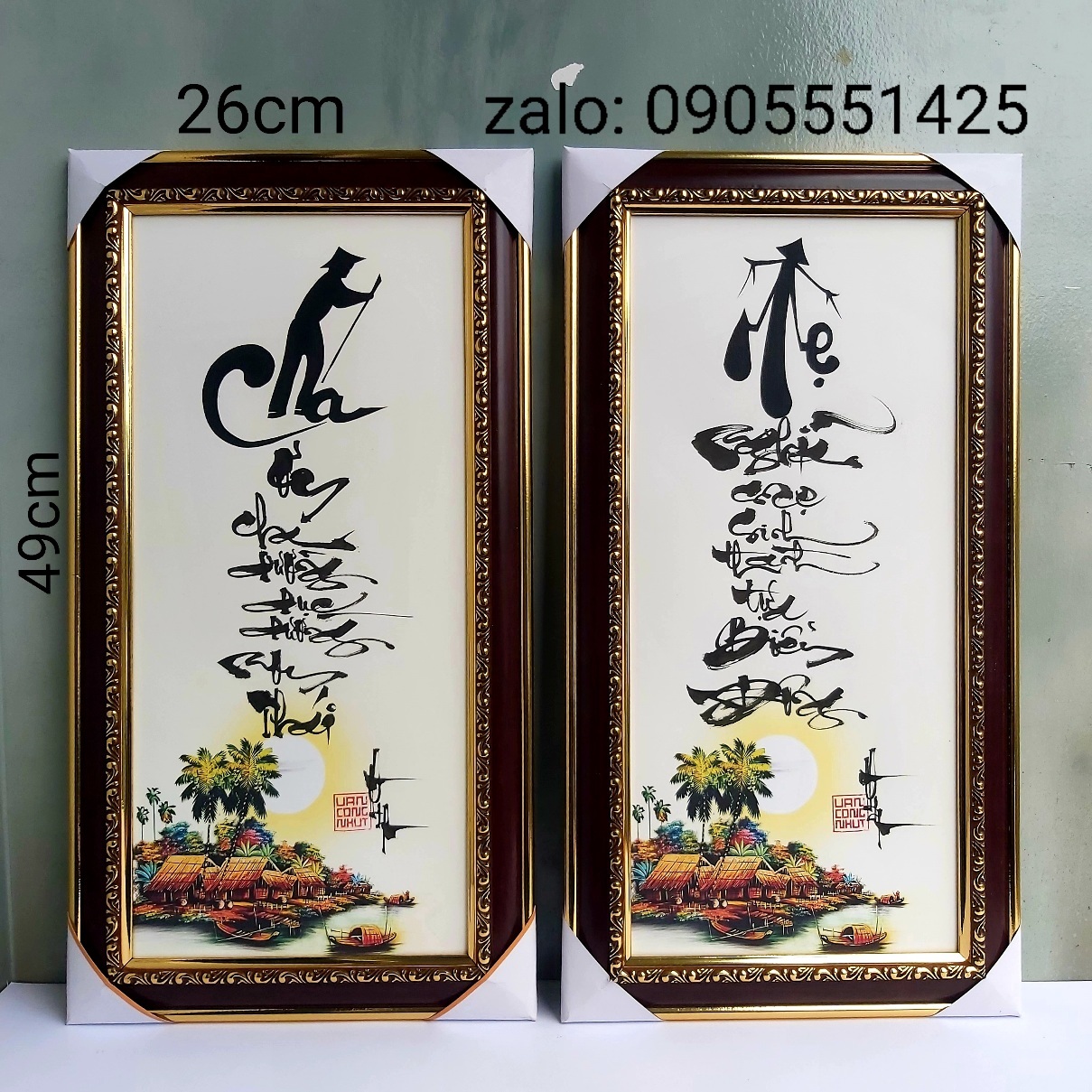 Cặp Tranh thư pháp cha mẹ 26cm x 49cm, khung kính đầy đủ. Quà tặng ông bà, bố mẹ.