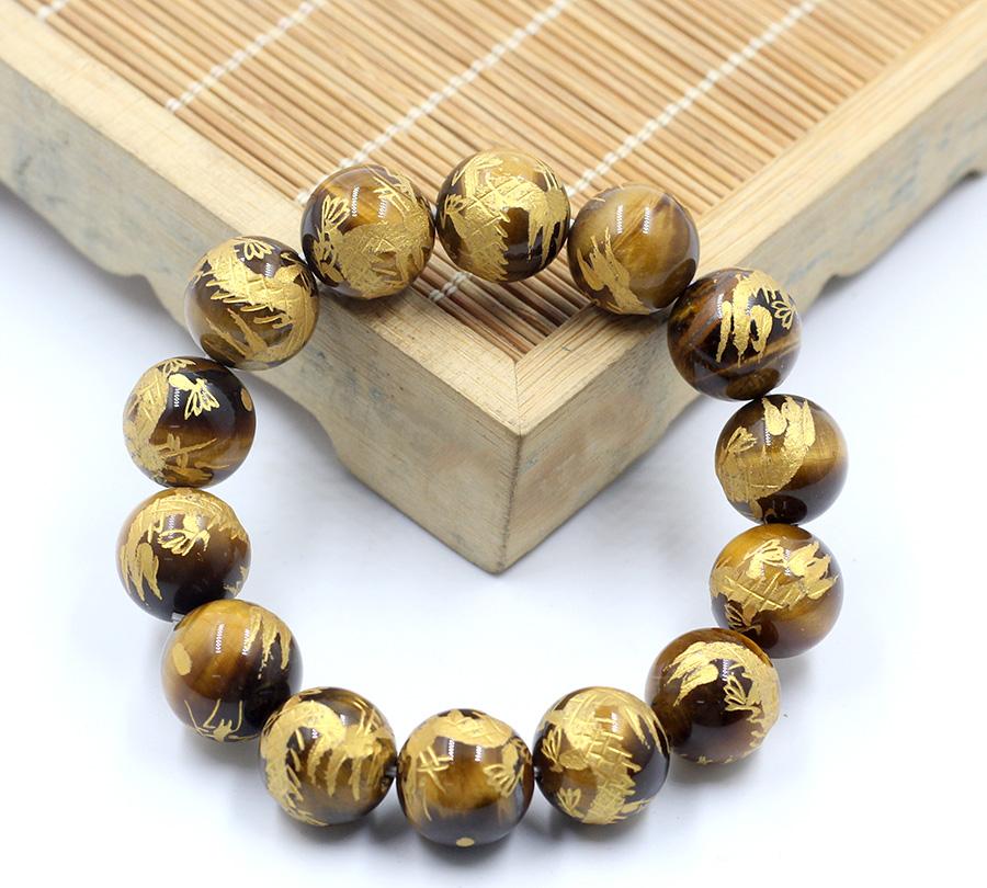 Vòng Tay Đá Mắt Hổ Vàng Chạm Rồng 14MM