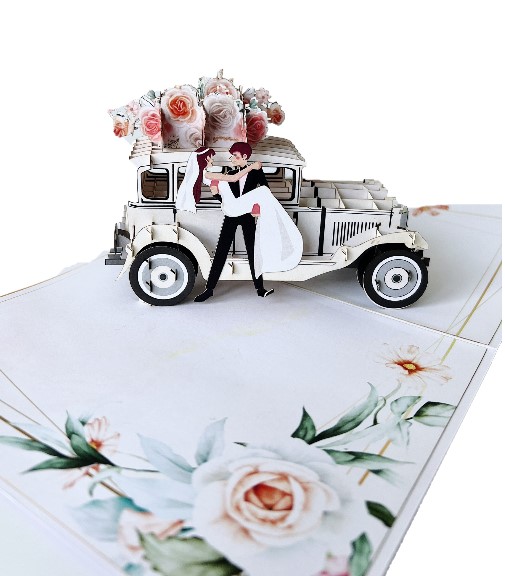 Thiệp 3D Pop Up Xe Cưới Cổ Điển Just Married – Thiệp Chúc Mừng Đám Cưới, Thiệp Wedding Sang Trọng, W11