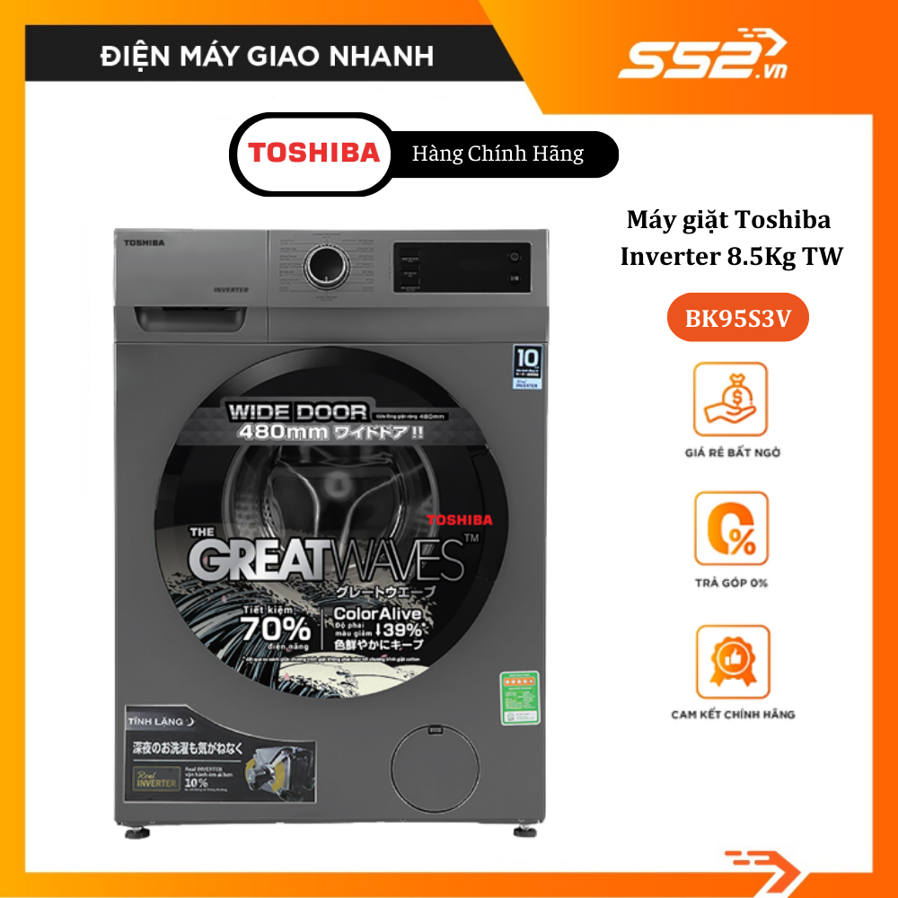 Máy giặt Toshiba Inverter 8.5Kg TW-BK95S3V- Mẫu 2023-Hàng Chính Hãng.