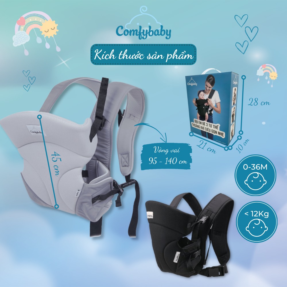 Địu em bé 3 tư thế có đỡ cổ sơ sinh - THOÁNG KHÍ-CHỐNG GÙ cho bé ComfyBaby CF-BK010 siêu gọn nhẹ - bảo hành 12 tháng