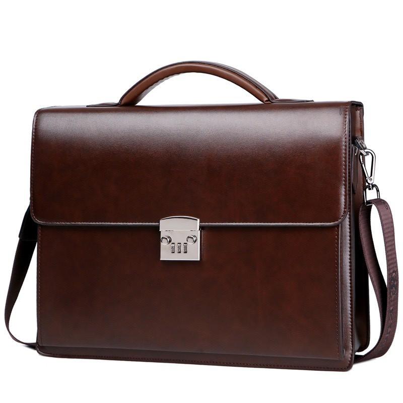Túi xách cặp da giáo viên đựng laptop 14 inch da bò công sở T23 khóa số (Nâu-Đen)