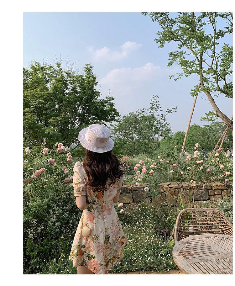 DONGSHOP 2023 Xuân/Hè Jumpsuit Nữ dài tay áo Hàn Quốc V cổ đèn lồng tay áo đầm in váy cao eo rộng chân quần