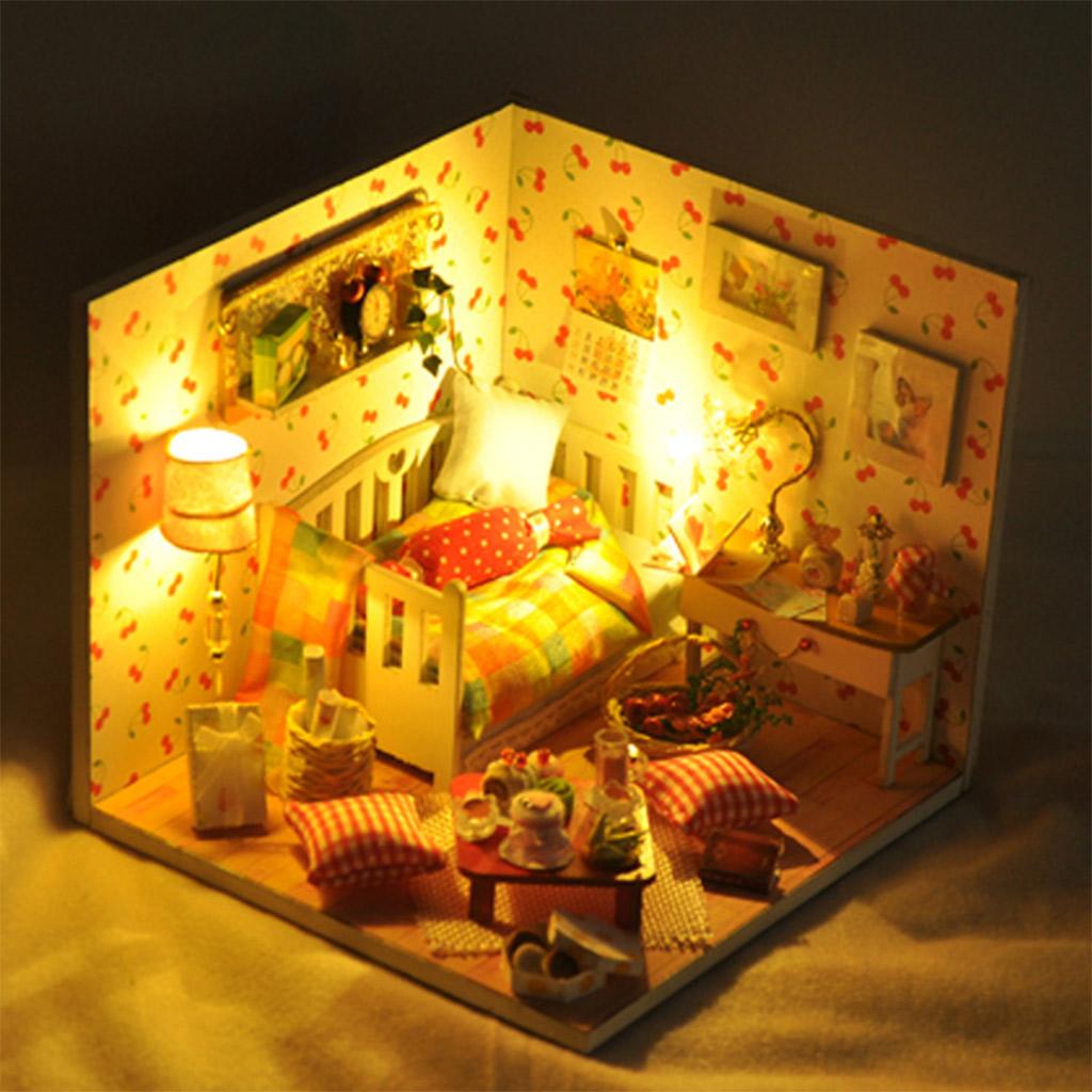 3D LED Light Miniature Doll House Creative Autumn Harvest House with Furniture Dustproof Cover Educational Toys New Year Birthday Festival Gift