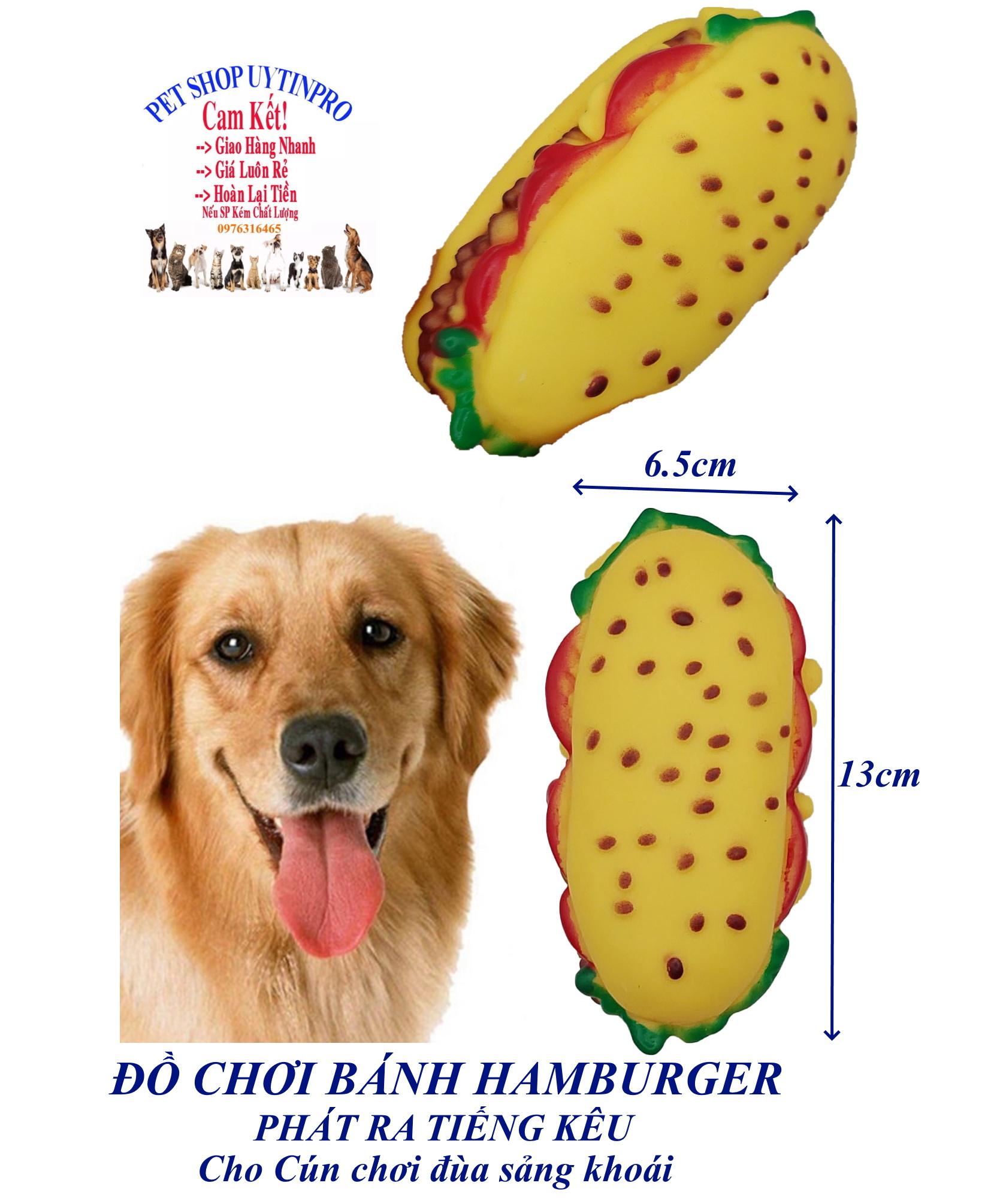 Đồ chơi cho Chó Hình bánh hamburger Dài 13cm Phát ra tiếng kêu Chất liệu nhựa dẻo, An toàn, Giúp thú cưng sảng khoái