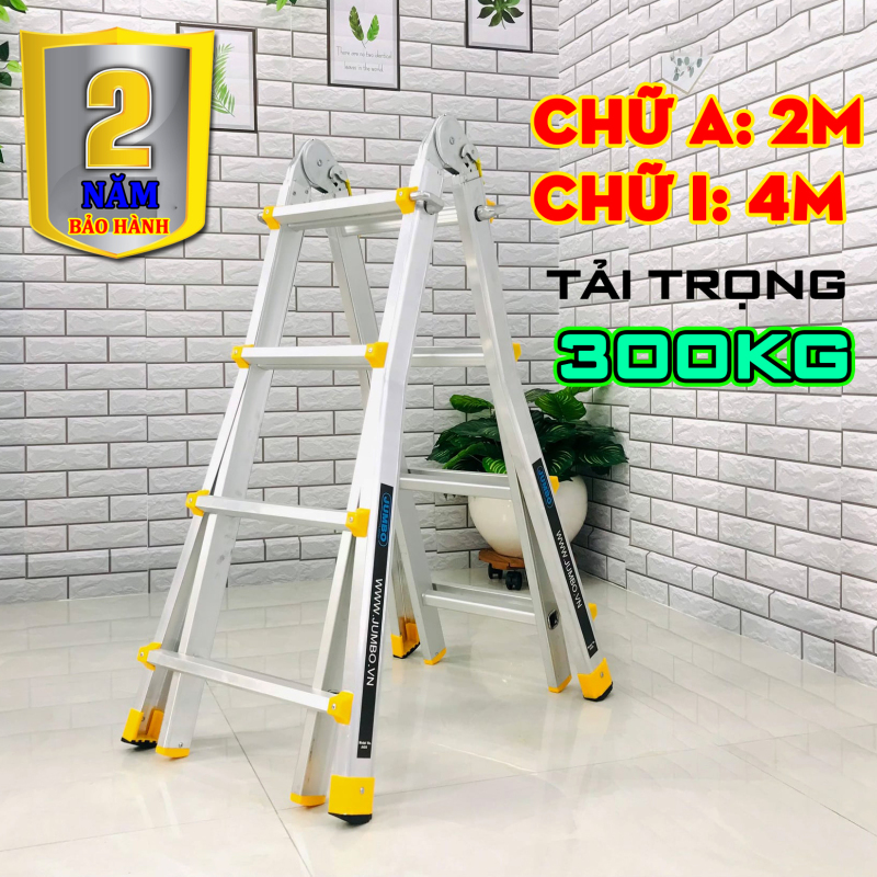 Thang Rút Chữ A, Thang Nhôm Trượt Đa Năng JUMBO A404 - Chữ A Cao Nhất 2m, Chữ I Cao Nhất 4.0m, Tải Trọng 300kg Chắc Chắn Và Bền Bỉ - Luôn Có Phụ Kiện Thay Thế