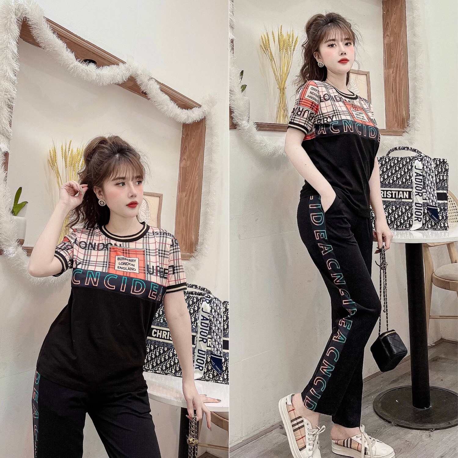 Đồ bộ thể thao thun cotton nữ phối họa tiết viền chữ Bencid