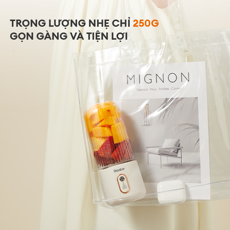 Máy xay sinh tố cầm tay mini Gaabor FP03T-WH01A 350ml công suất 50W ly xay nhỏ gọn tiện lợi tích điện cổng sạc USB - Hàng chính hãng