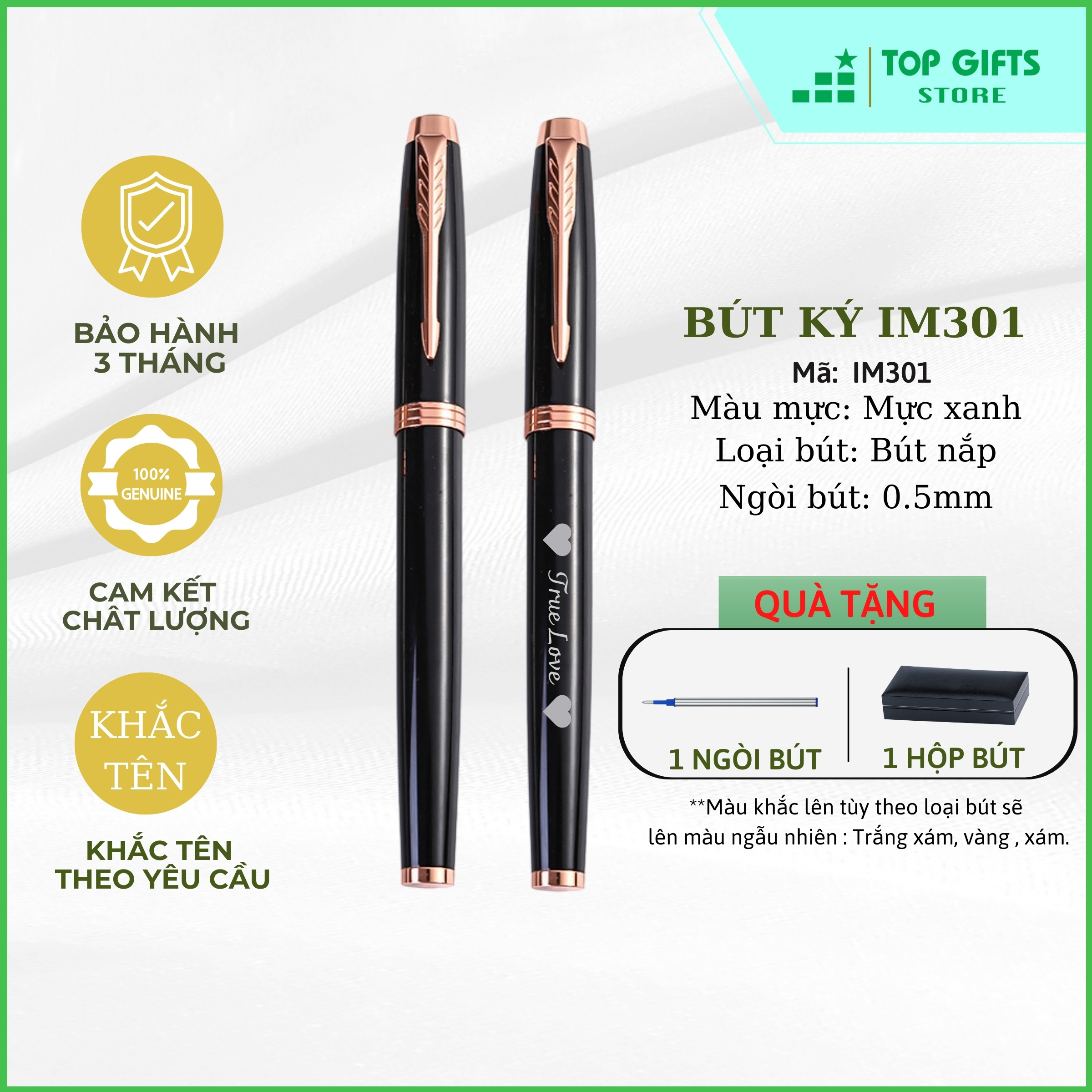 Bút ký kim loại nắp đen viền đồng IMD019 ngòi 0.5mm| Quà tặng sinh nhật bạn bè, người thân + Ruột bút + Hộp đựng bút