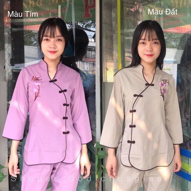 ĐỒ LAM ĐI CHÙA  Tàu Xéo Thêu Hoa Sen