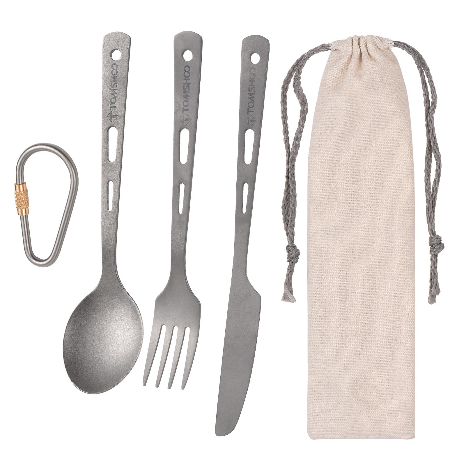 TOMSHOO Titanium 3 Piece Cutlery Set Lightweight Spoon Fork Cutter with Carabiner and Drawstring Sack for Outdoor Camping Hiking Backpacking Picnics Tableware