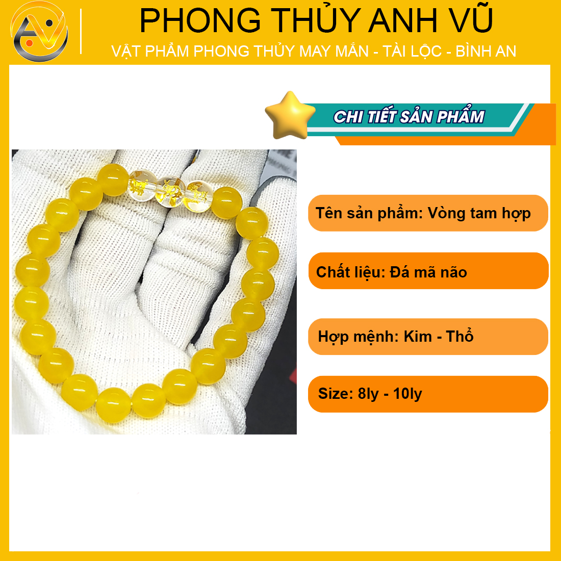 Vòng mã não vàng tam hợp hợi mão mùi đã khai quang - size 8 10ly cho nữ - may mắn tài lộc - Vòng Tam Hợp Anh Vũ