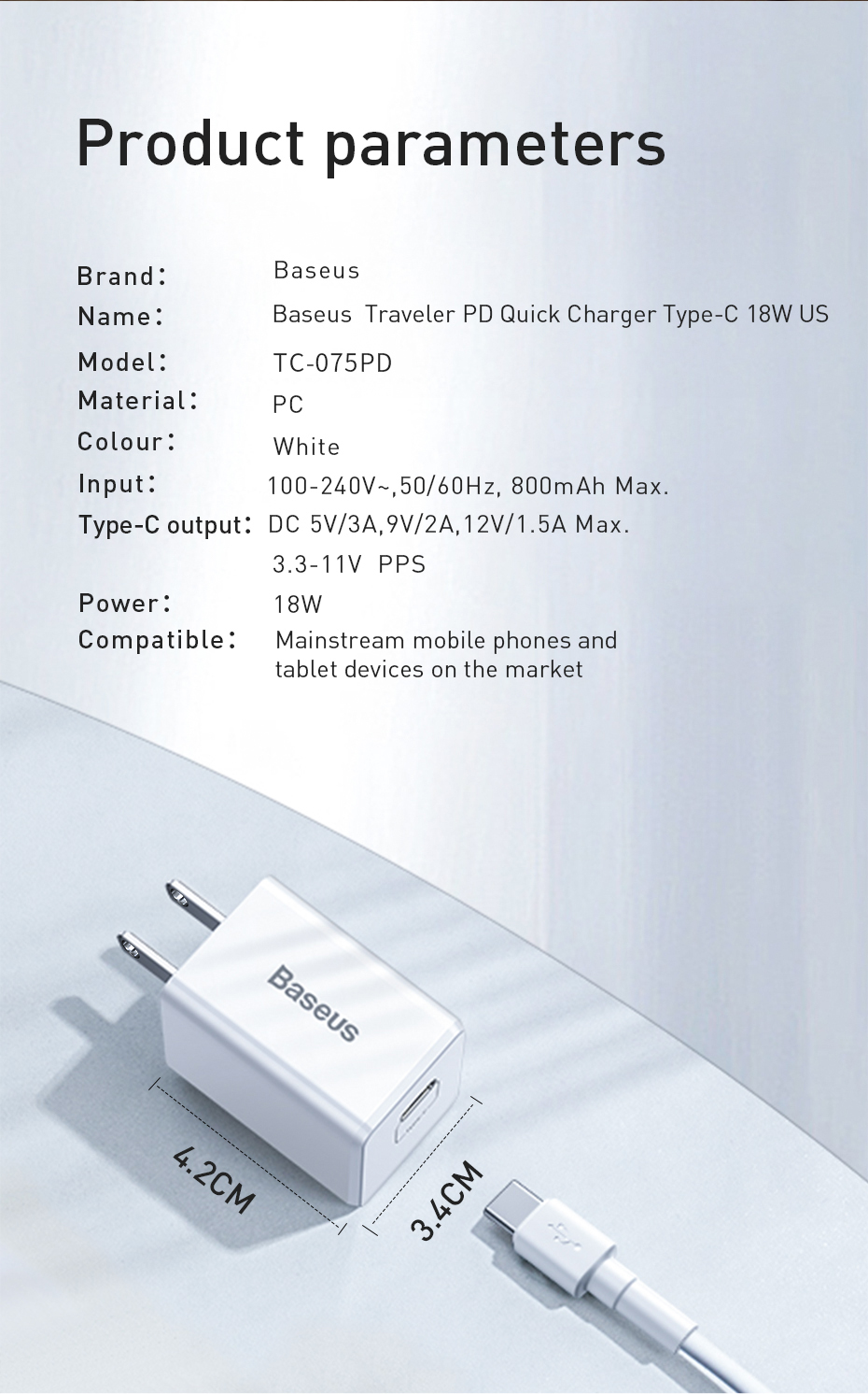 Củ sạc nhanh cho iPhone 7/8 Plus/X/XS/XS Max Baseus Traveler Series PD（Type-C Interface）Charger 18W（US）CCXZ-02 - Hàng Chính Hãng - White