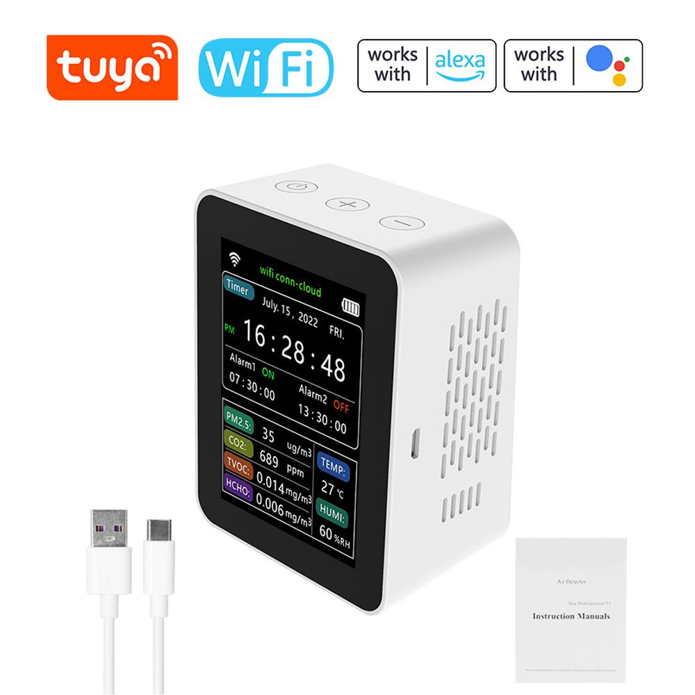 Tuya WiFi Intelligent Air Quality Detector PM2.5 CO2 TVOC HCHO Temperature Humidity 6 In 1 Detector Time Date Week Display Mobilephone APP Remotes Viewing 2 Sets Alarm Clock Home Indoor Desktop Air Quality Monitor