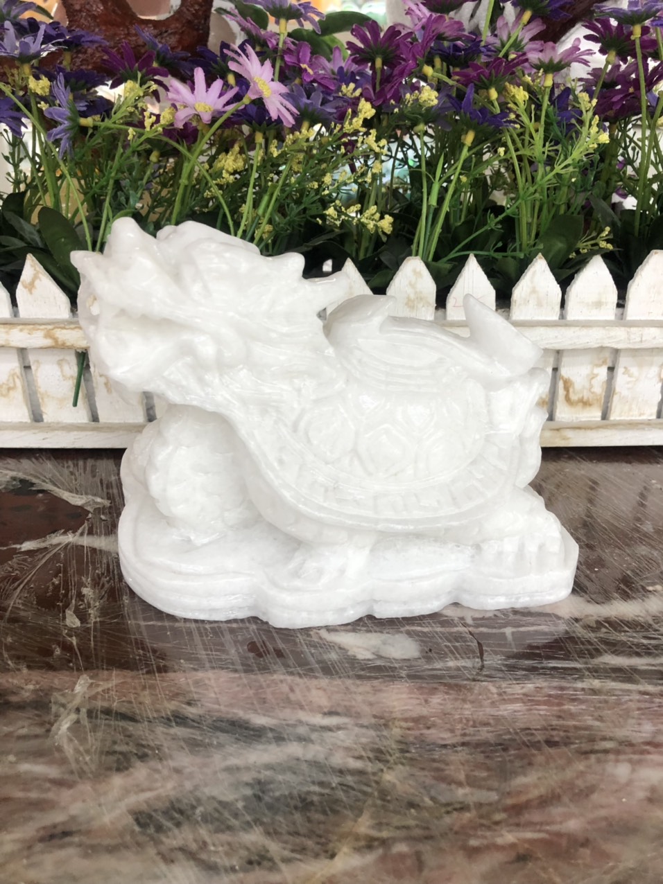 Tượng Long Quy, Rùa đầu Rồng phong thủy đá cẩm thạch trắng - Dài 16 cm