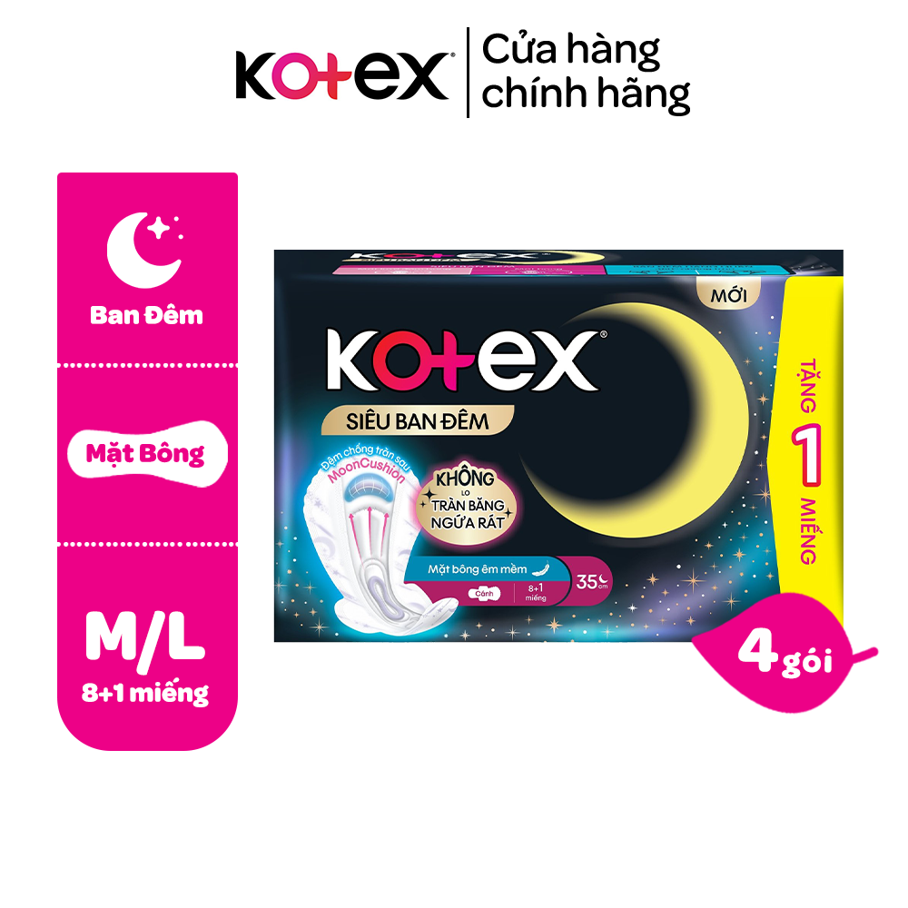 Lốc 4 gói BVS Kotex Siêu Ban Đêm 35cm Đệm bông chống tràn sau 8+1 miếng