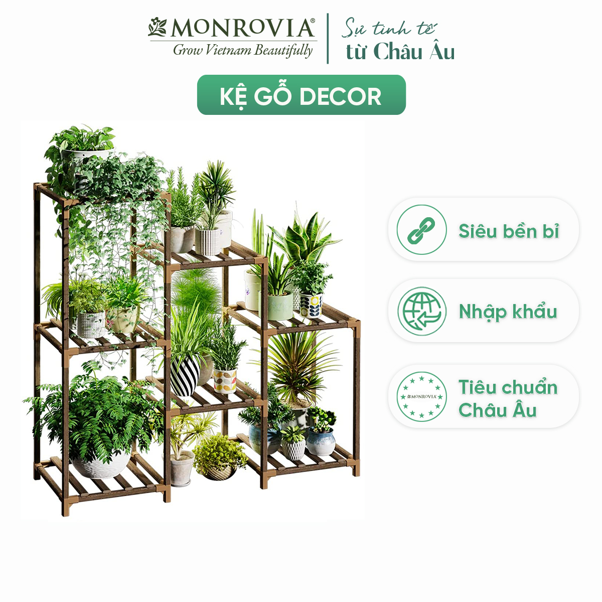 Kệ gỗ decor Monrovia để cây trang trí trong nhà, ban công siêu bền bỉ, tiêu chuẩn Châu Âu - 15 Tầng - Set 5