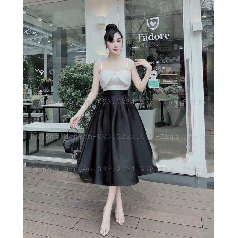 Đầm xoè dự tiệc 2s phối đen trắng
