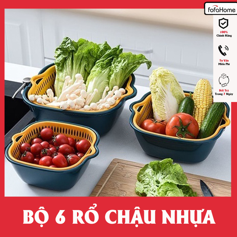 Set Rổ 6 Món Gồm 3 Rổ 3 Chậu - Bộ Rổ Nhựa Vuông 6 Món Kèm Chậu Ráo Nước Hai Lớp Cao Cấp