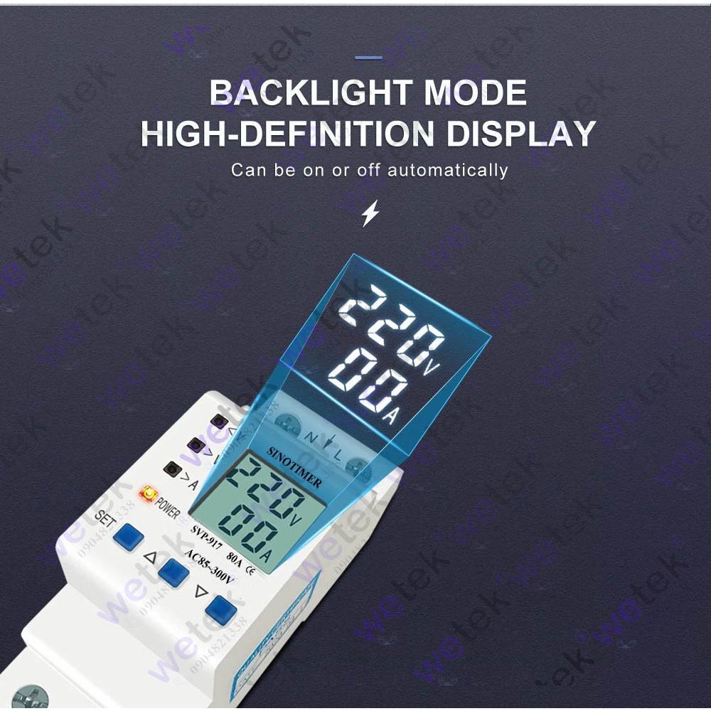 SVP-917 Công tơ kiêm bảo vệ điện áp, dòng điện, LCD, 9999.9kWh (2 chiều), 85~300Vac, 1~80A, đo V A kWh kW, Sinotimer