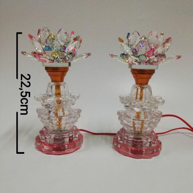 Bộ 2 đèn thờ pha lê hoa sen thân lùn (22,5cm) VDT-025