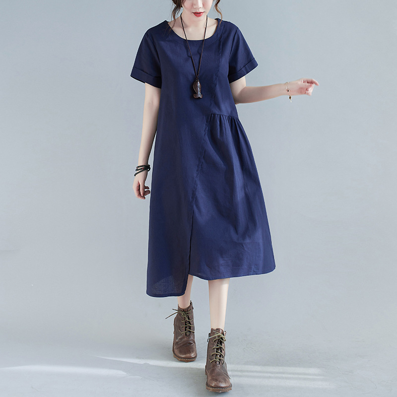Đầm linen suông nữ cổ tròn ngắn tay, Váy nữ suông trơn thiết kế cơ bản, không kén dáng mặc ARCTIC HUNTER